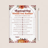 Thanksgiving Would You Rather This or That Game Questions Printable by LittleSizzle