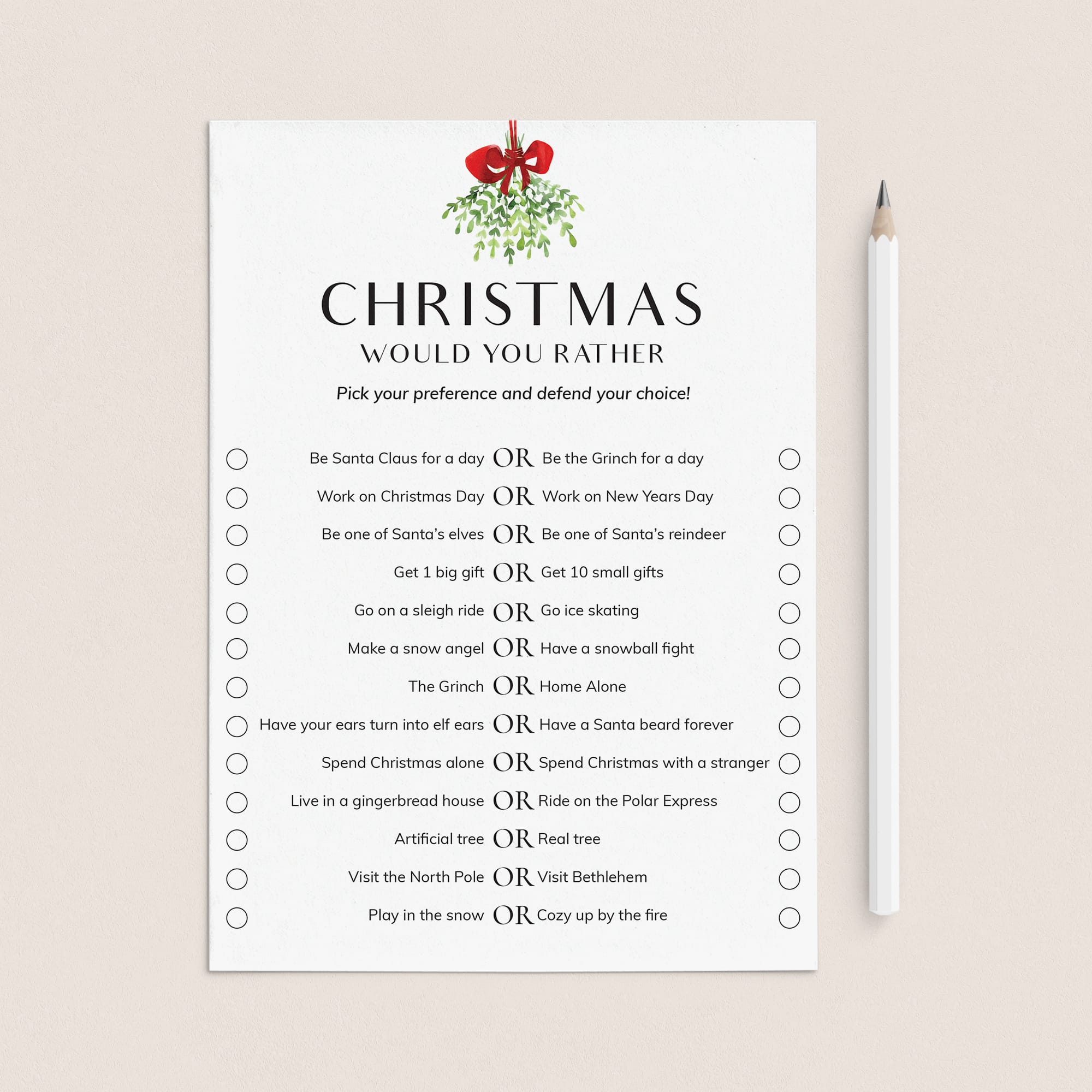 Christmas Would You Rather Questions Printable by LittleSizzle