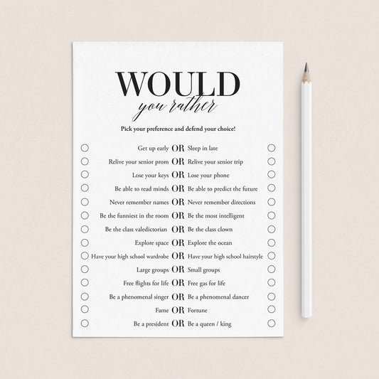 Would You Rather Questions for a Class Reunion | Printable Cards by LittleSizzle