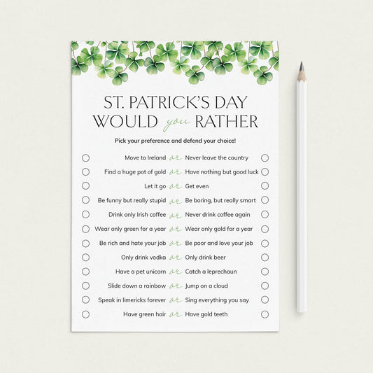 St. Patrick's Day Game Printable Would You Rather by LittleSizzle