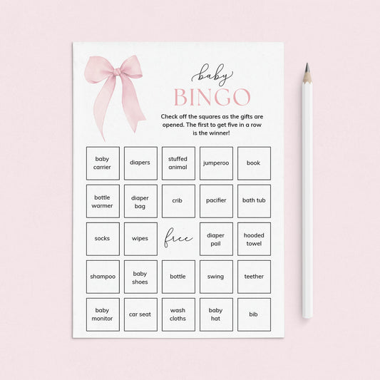 Coquette Baby Shower Bingo Printable Pink Bow Theme by LittleSizzle