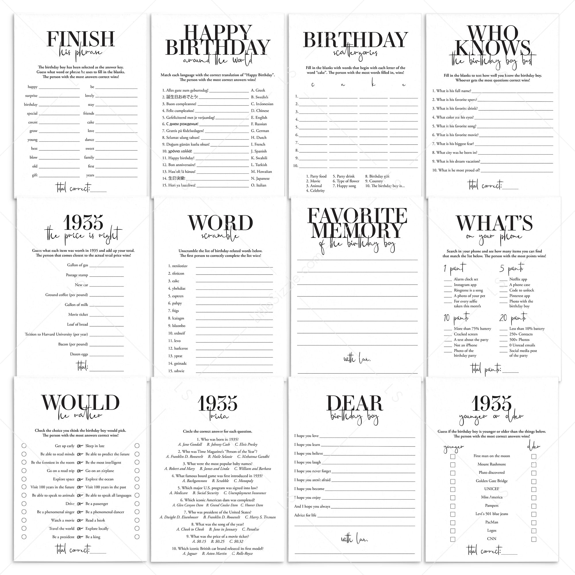 Born in 1935 90th Birthday Party Games Bundle For Men by LittleSizzle