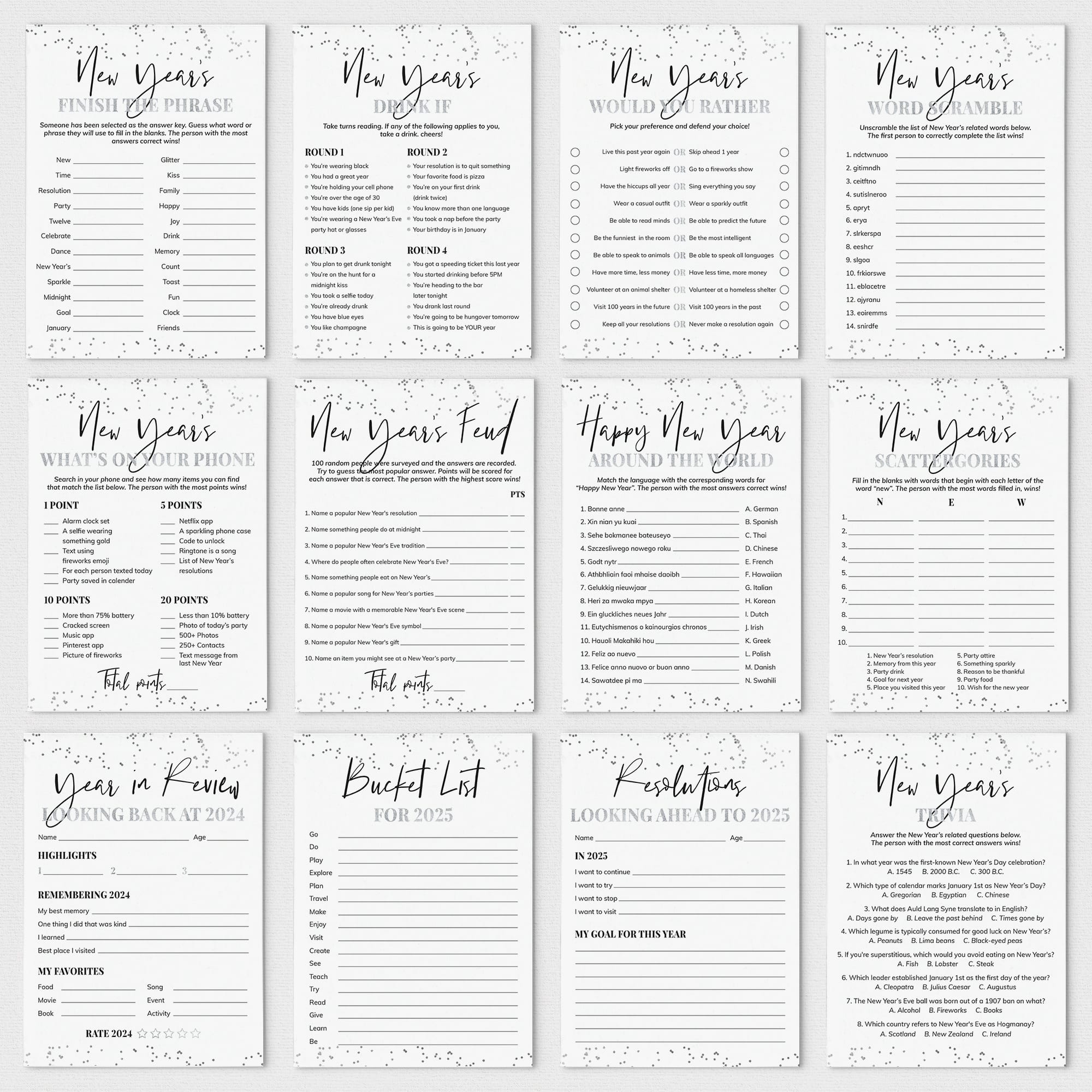 2025 New Year's Games Bundle Silver | 12 New Year's Party Game Ideas