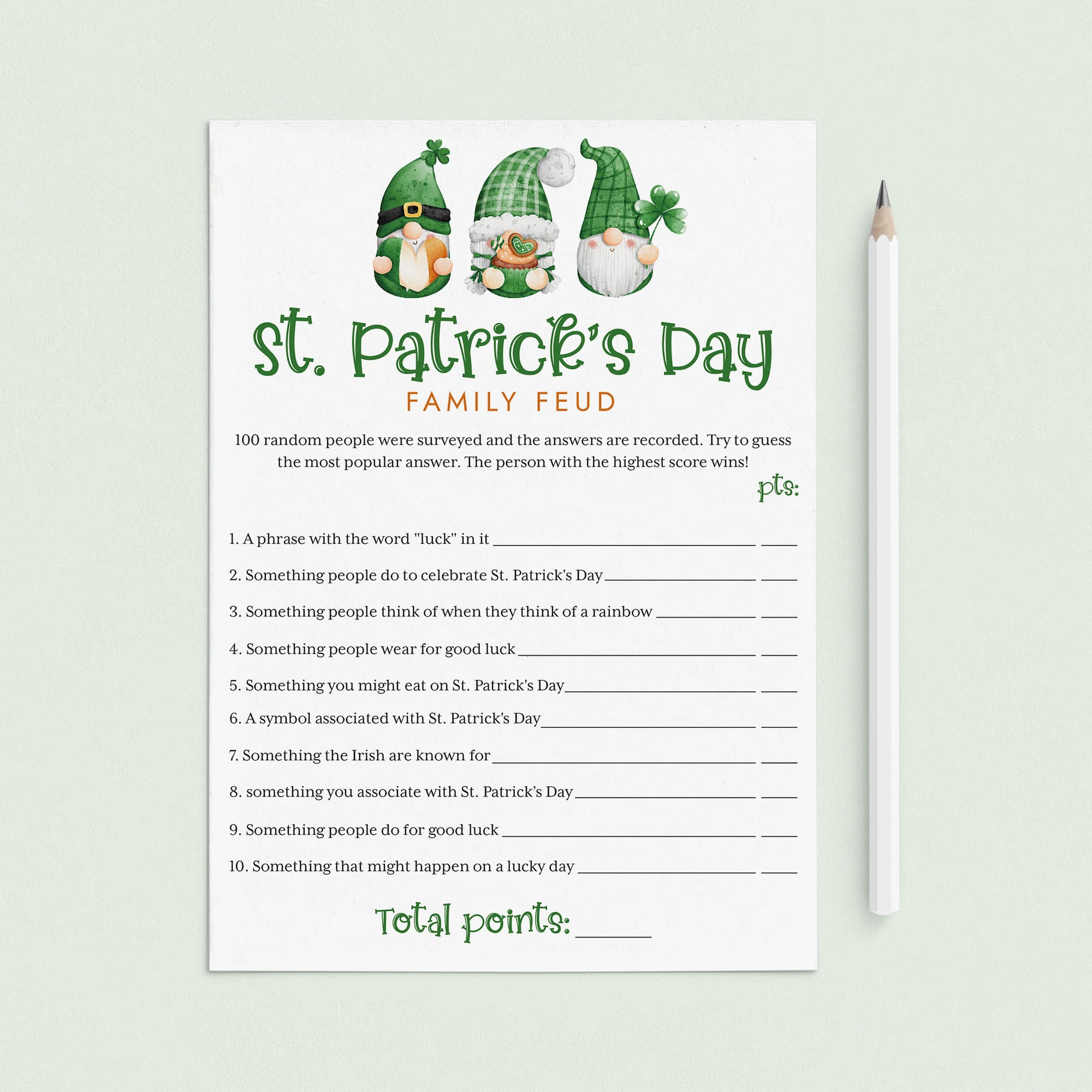St. Patrick's Day Family Feud Questions and Answers Printable by LittleSizzle