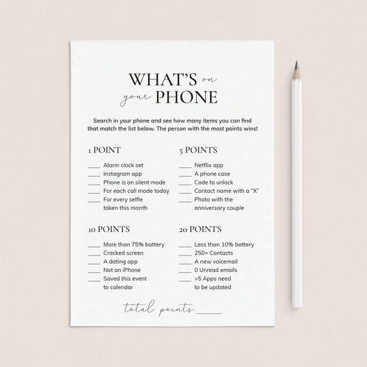 Anniversary Party Game What's On Your Phone Printable by LittleSizzle