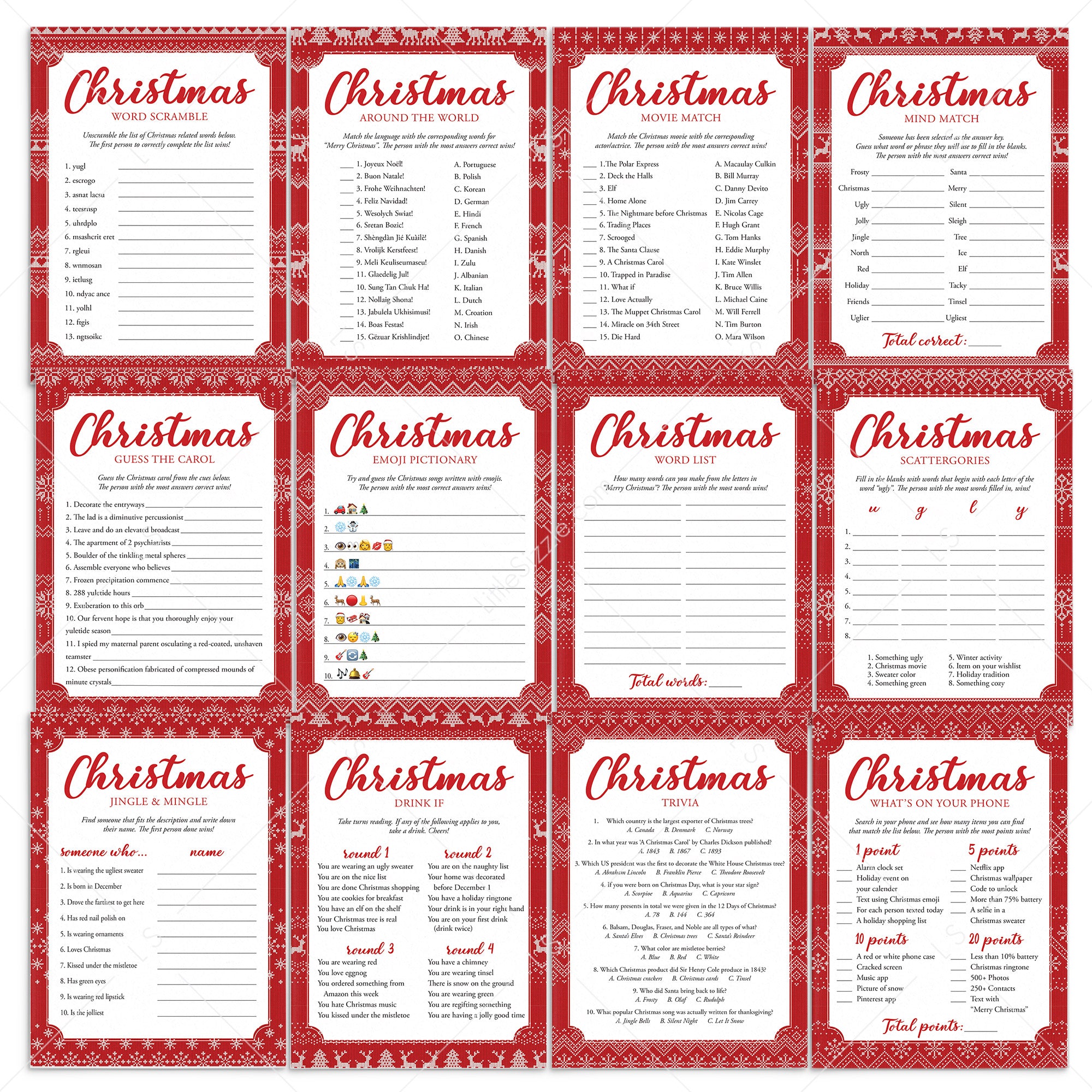 Printable Christmas Party Games with Knitted Sweater Pattern by LittleSizzle
