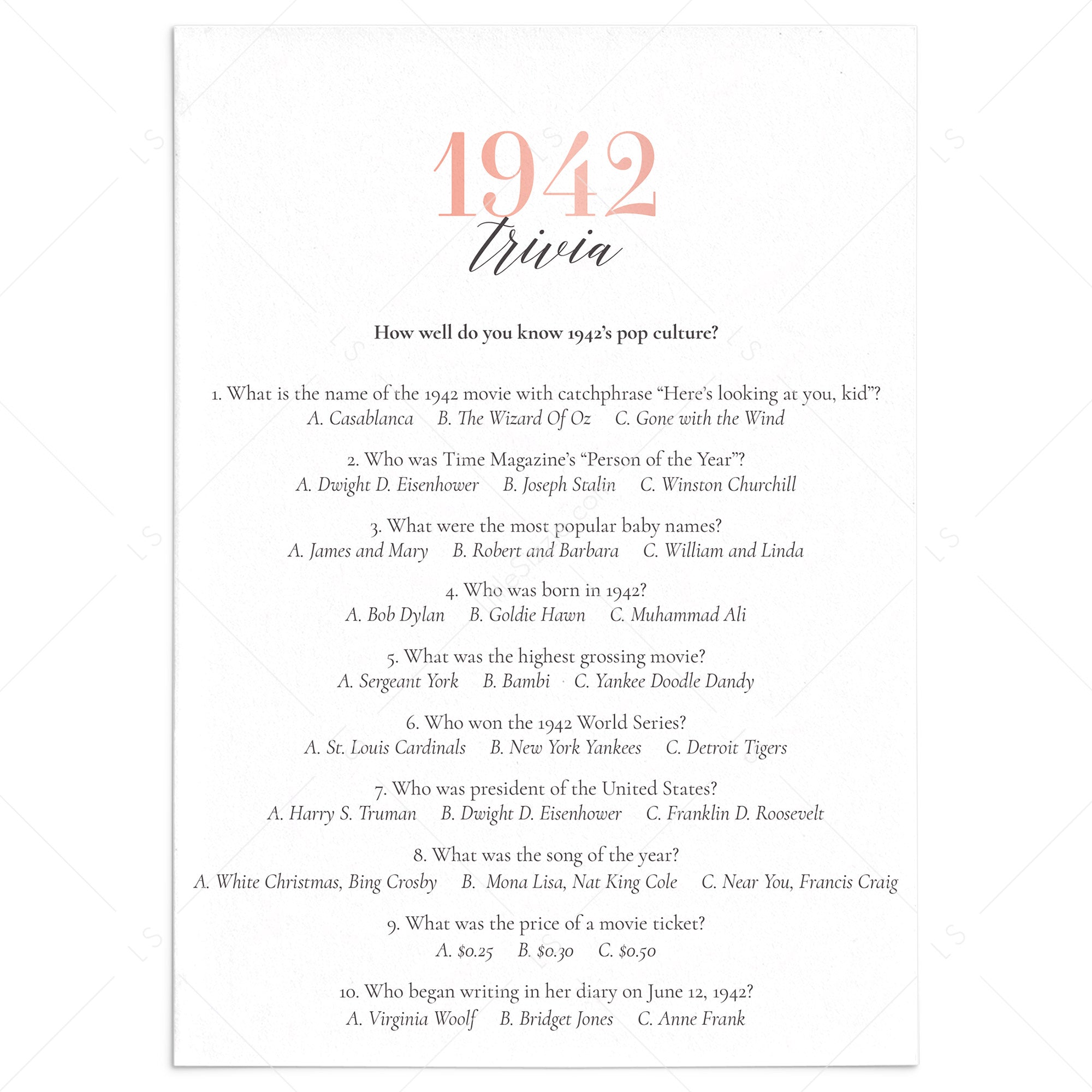 1942 Trivia Questions and Answers Printable by LittleSizzle