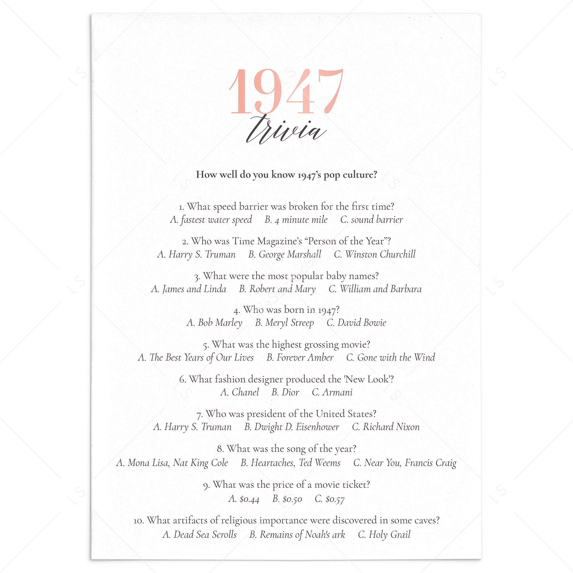 1947 Trivia Questions and Answers Printable by LittleSizzle