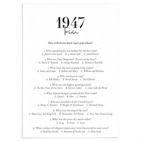 1947 Trivia with Answers Printable | Instant Download – LittleSizzle