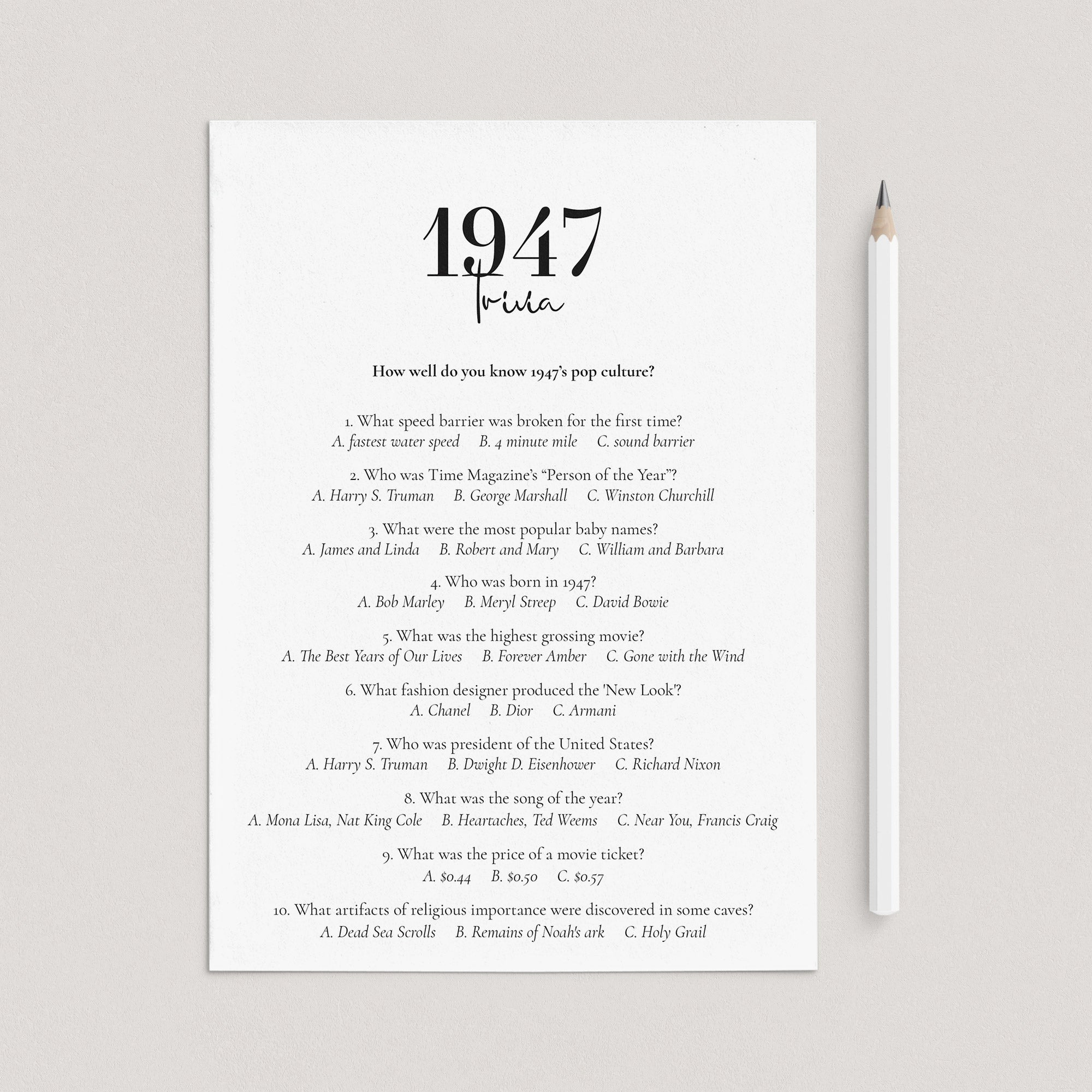 1947 Trivia with Answers Printable by LittleSizzle