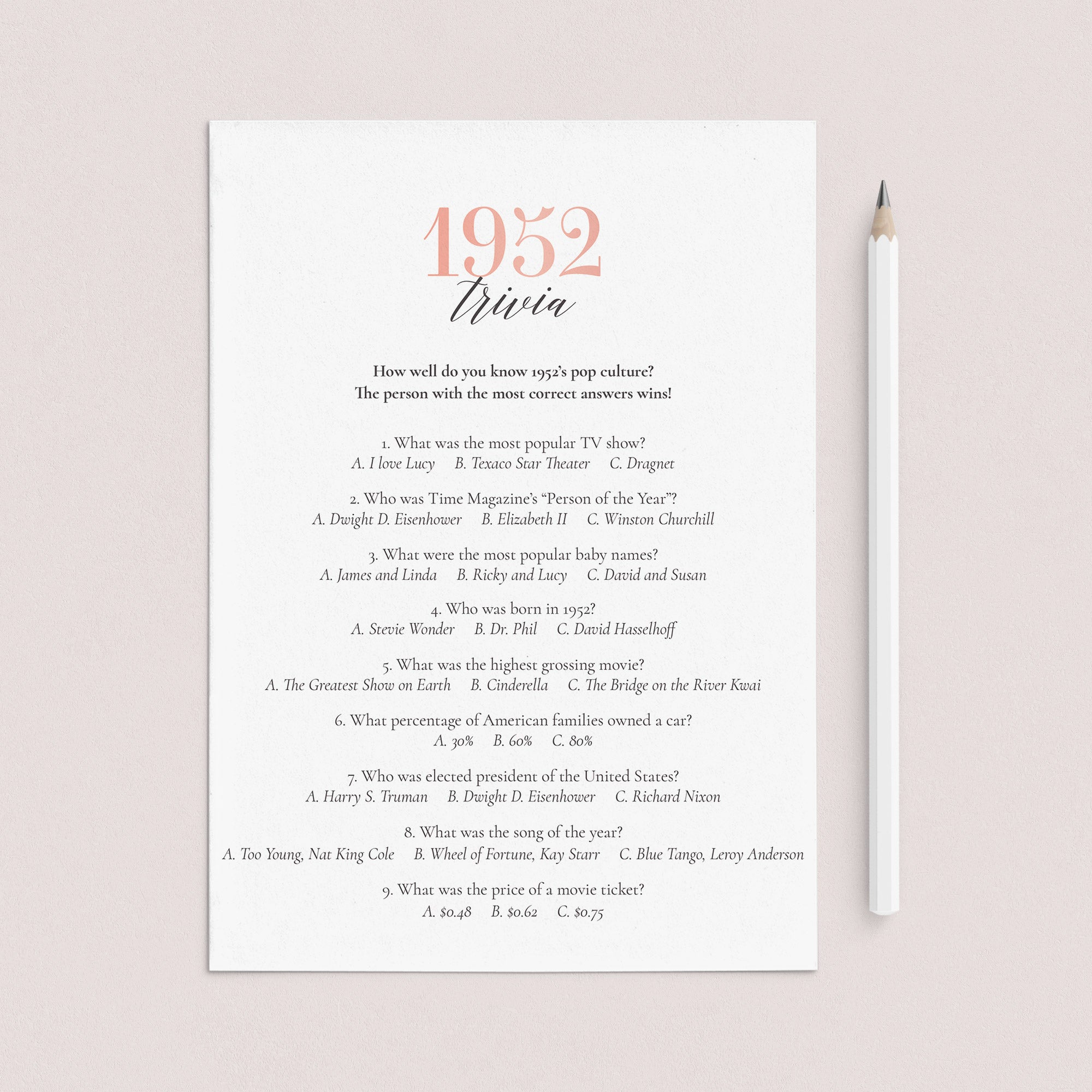 1952 Trivia Questions and Answers Printable by LittleSizzle
