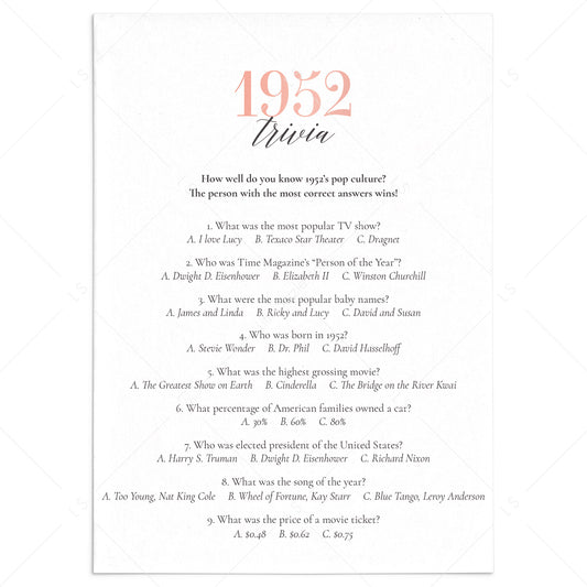 1952 Trivia Questions and Answers Printable by LittleSizzle