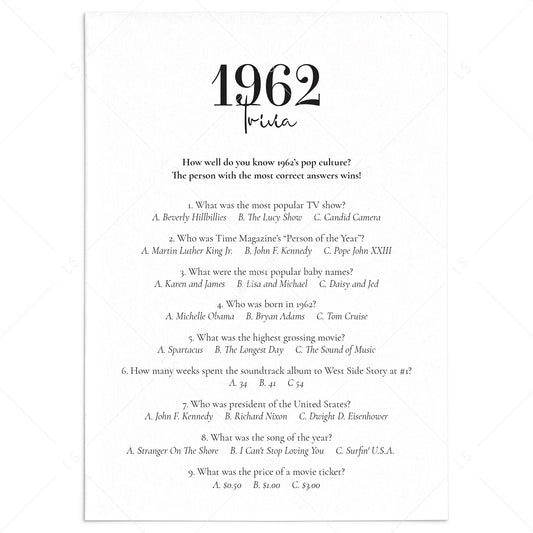1962 Quiz with Answer Key Printable by LittleSizzle