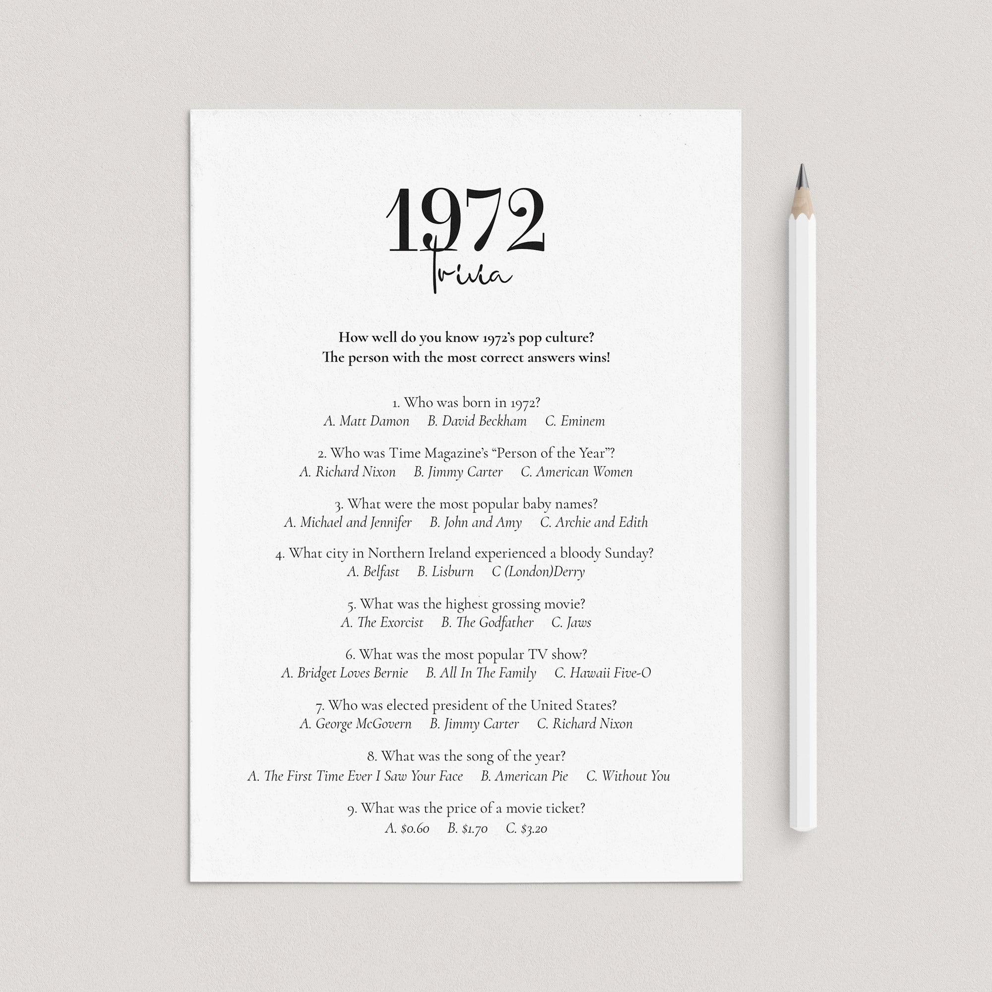 1972 Trivia Questions and Answers Printable Instant Download
