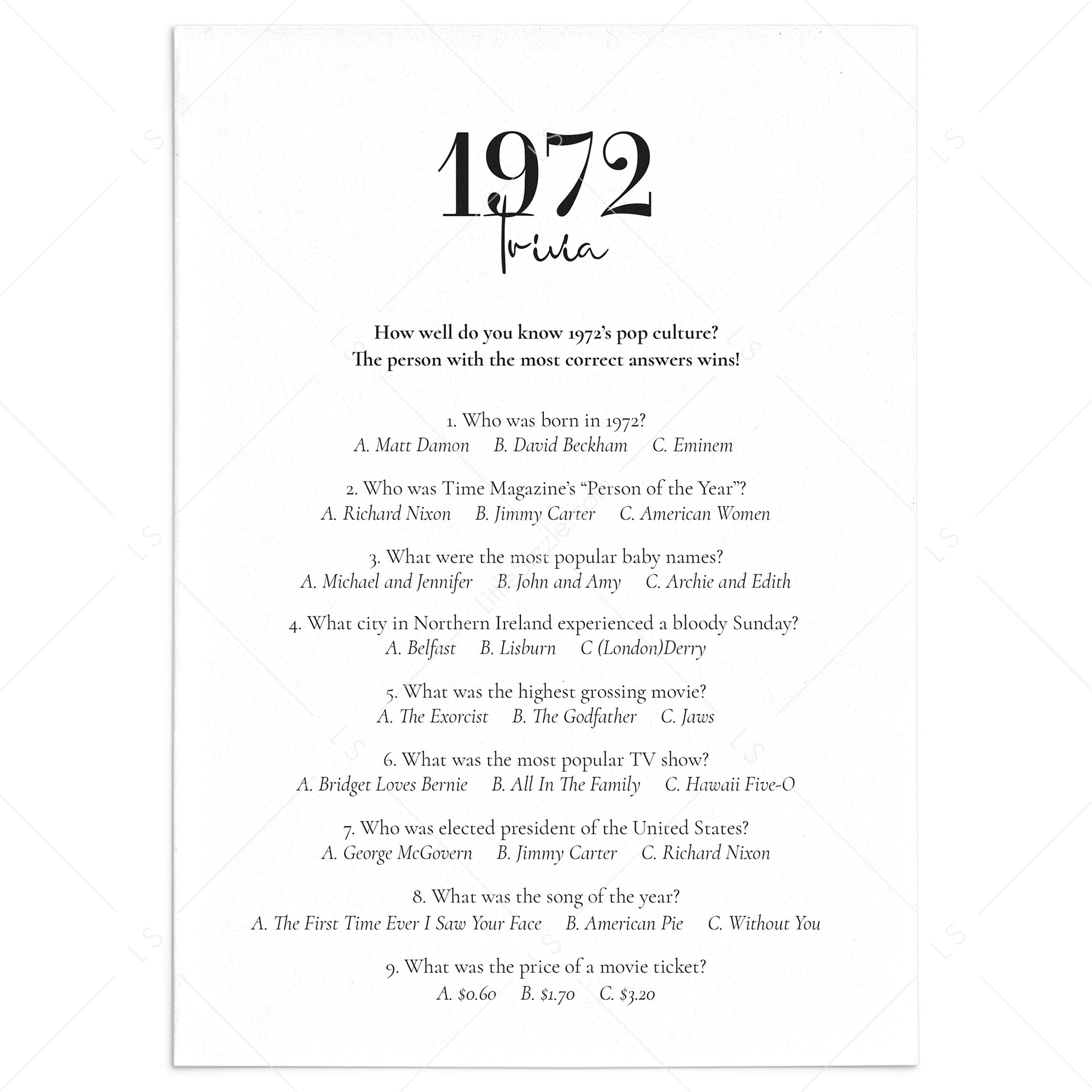 1972 Trivia Questions and Answers Printable by LittleSizzle
