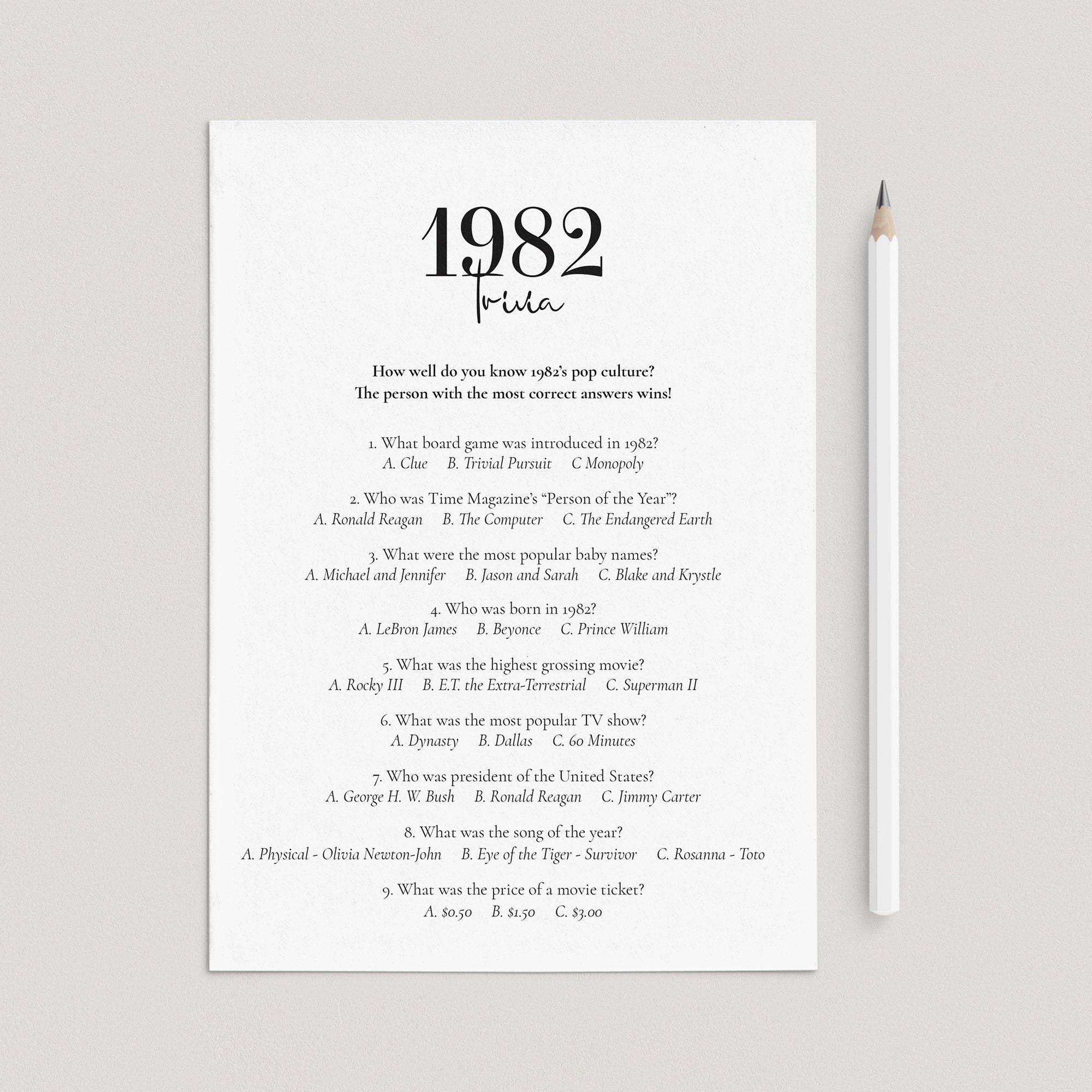 1982 Quiz Questions and Answers Printable by LittleSizzle