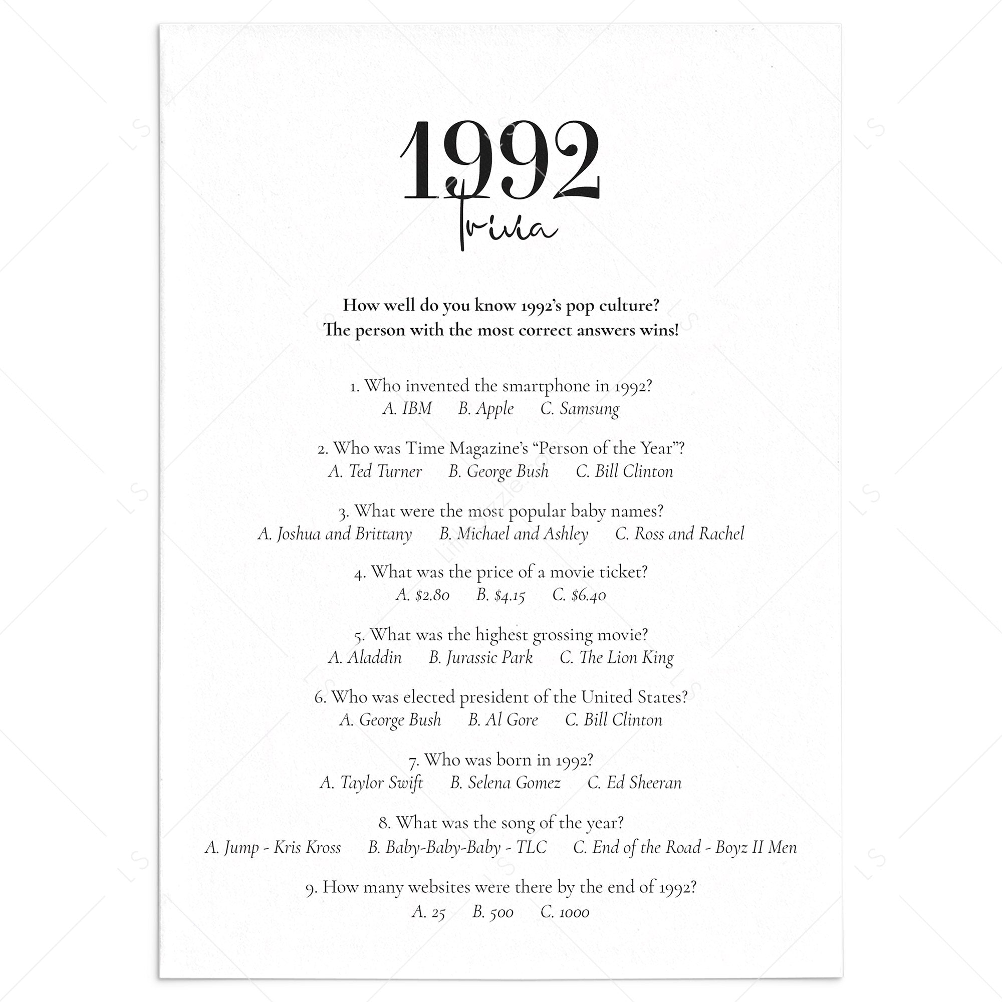 1992 Trivia Questions and Answers Printable by LittleSizzle
