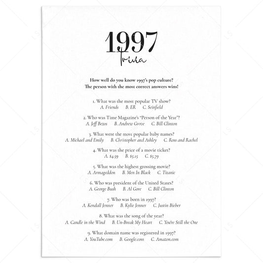 1997 Trivia Quiz with Answers Digital Download by LittleSizzle