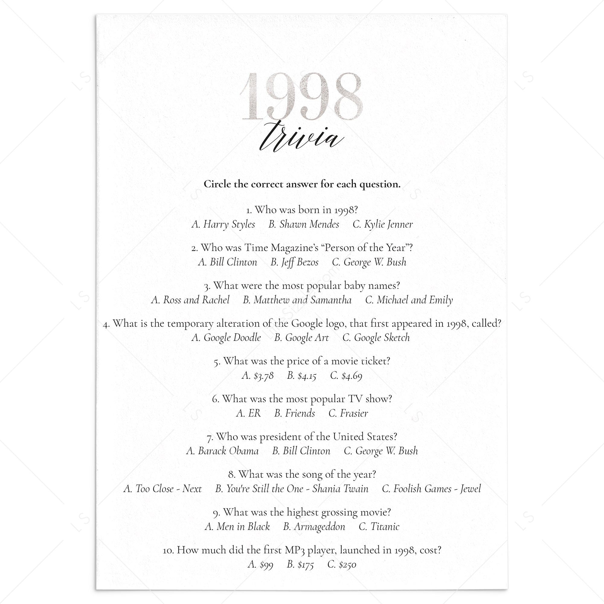 Silver 1998 Trivia Quiz with Answers Printable by LittleSizzle