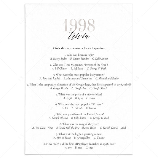 Silver 1998 Trivia Quiz with Answers Printable by LittleSizzle