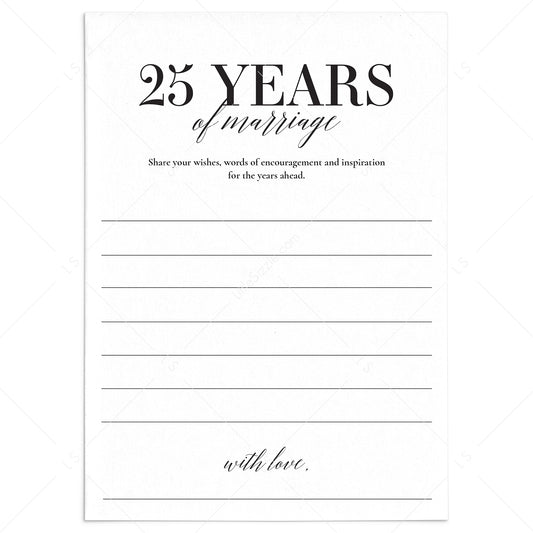 25th Wedding Anniversary Wishes & Advice Card Printable by LittleSizzle