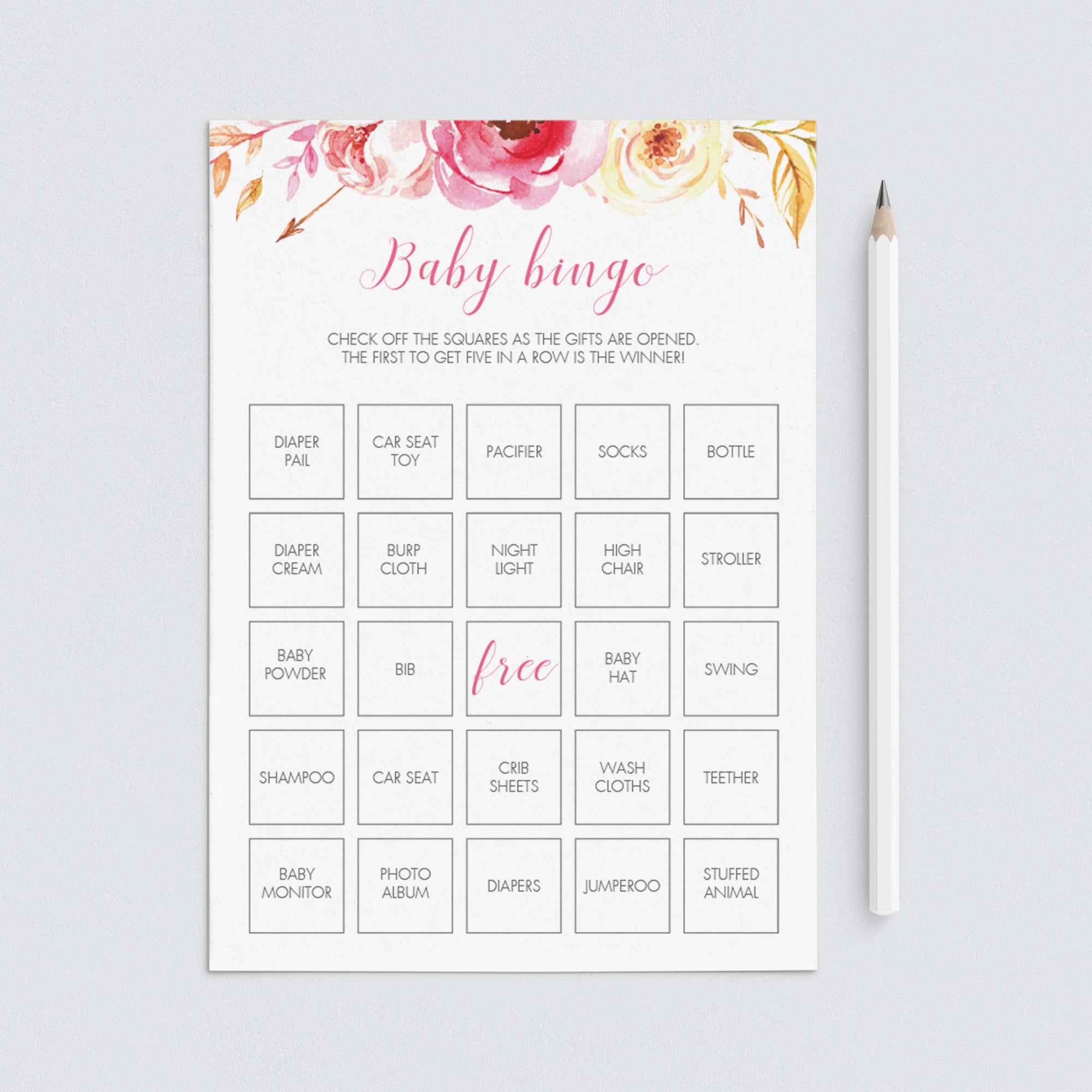 Boho floral baby bingo game cards printable by LittleSizzle