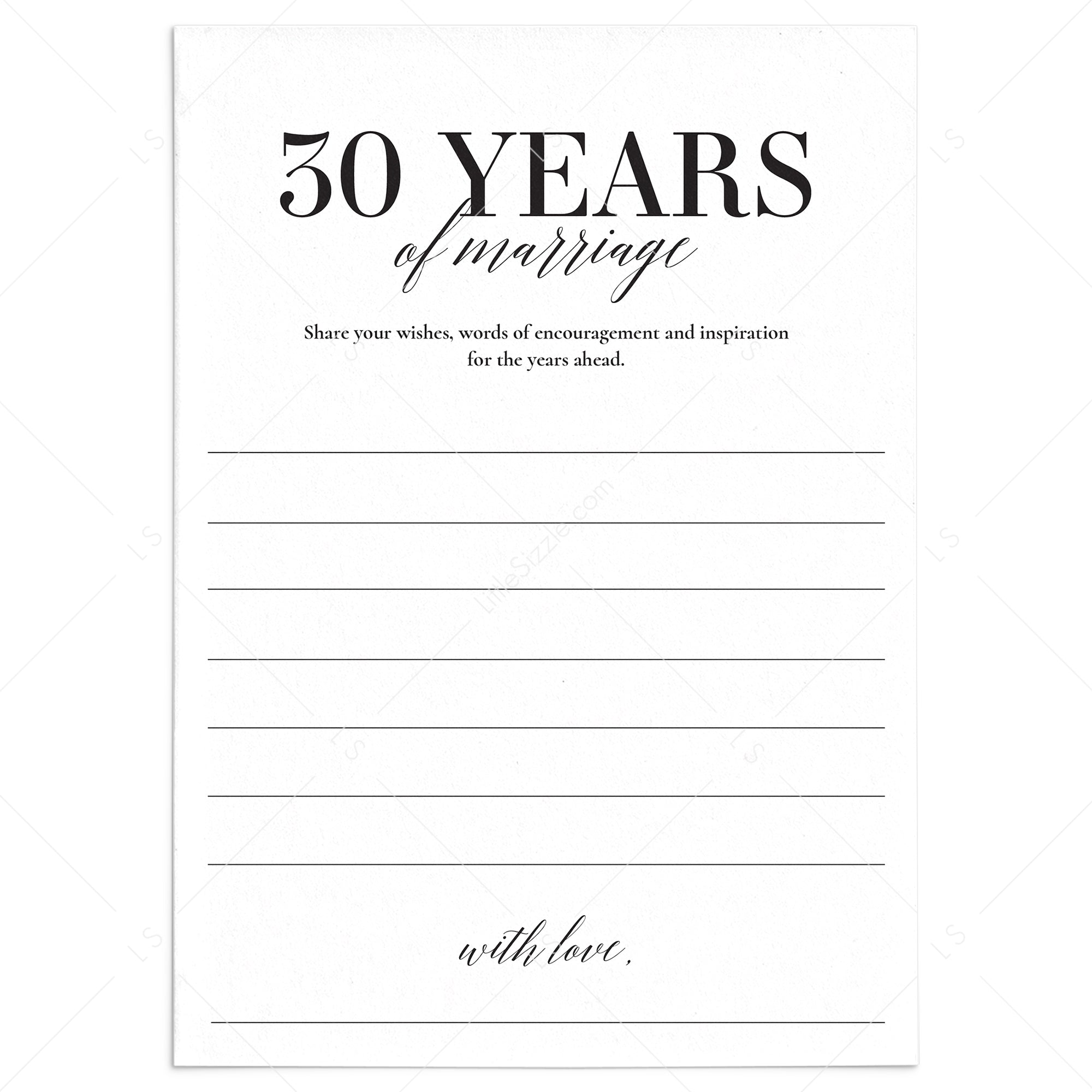 30th Wedding Anniversary Wishes & Advice Card Printable by LittleSizzle