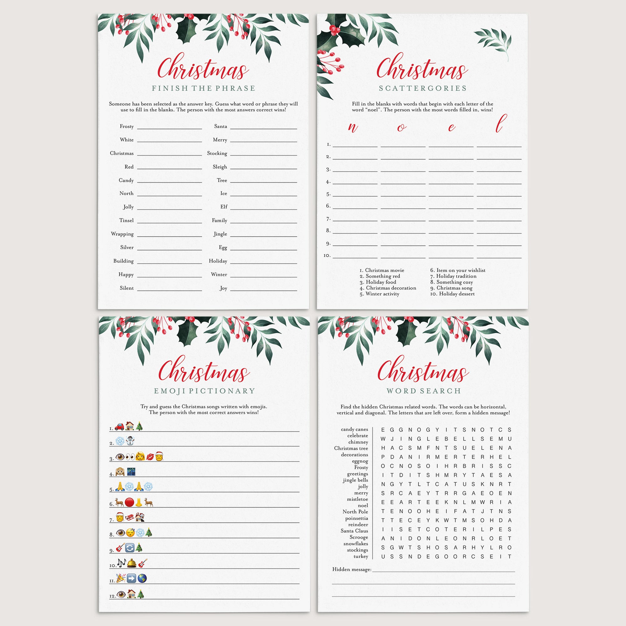 Greenery Christmas Party Games Bundle Printable by LittleSizzle