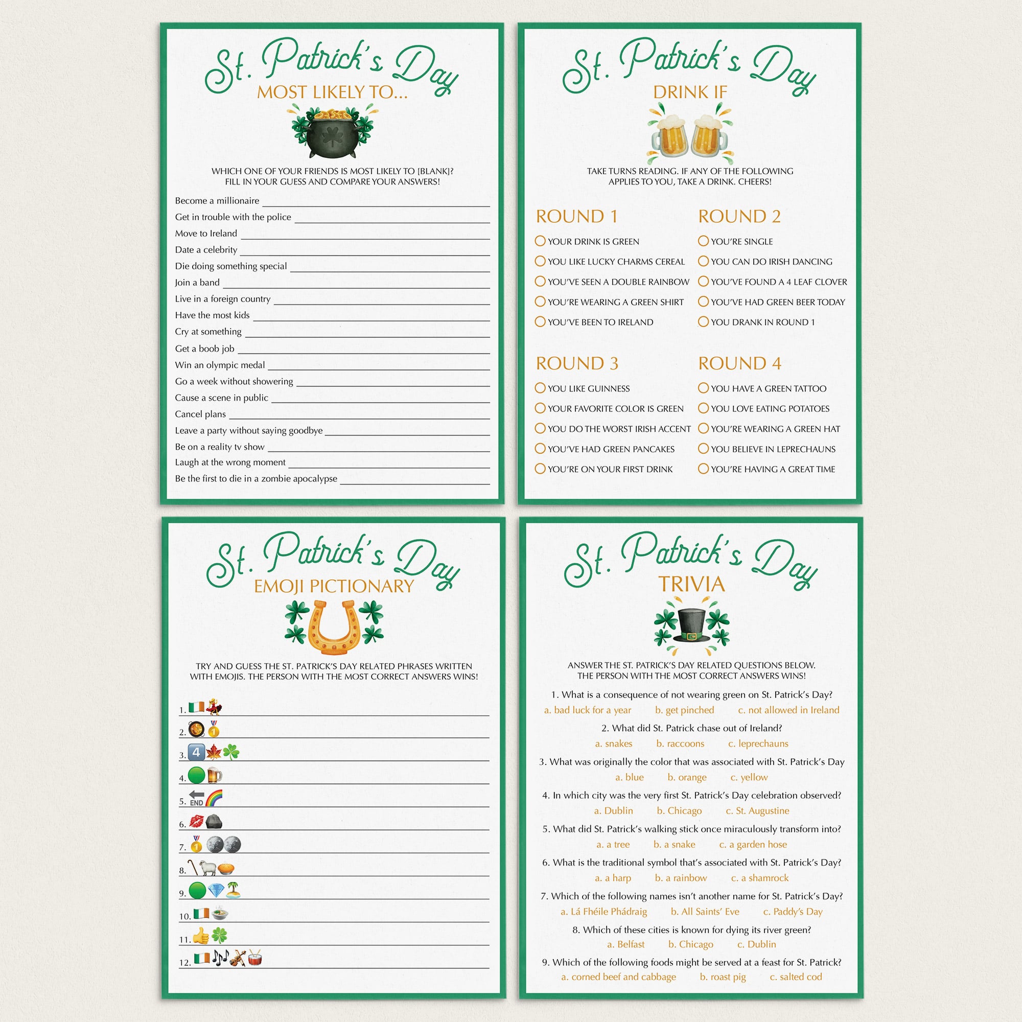 St. Patrick's Day Games for Adults Printable & Virtual by LittleSizzle