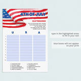 Fourth of July USA Scattergories Game To Print or Play Online