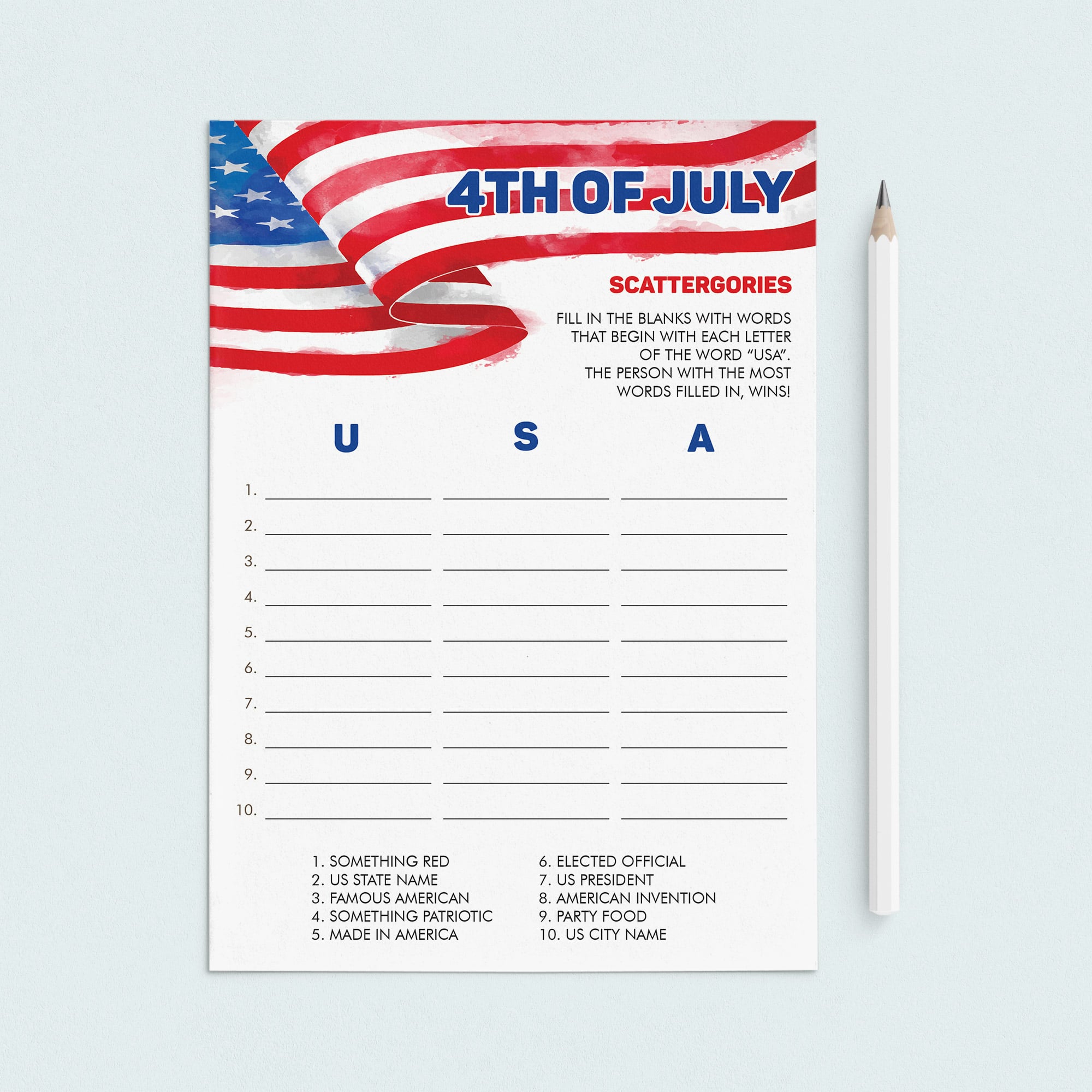 Fourth of July USA Scattergories Game To Print or Play Online by LittleSizzle