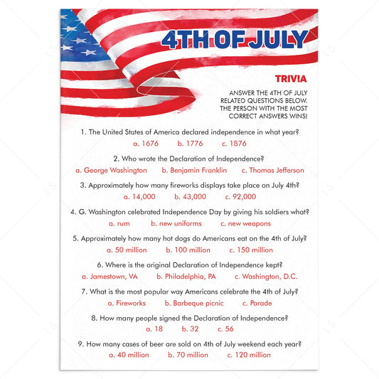 4th of July Trivia Printable & Virtual by LittleSizzle