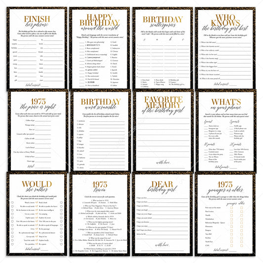 Black and Gold 50th Birthday Party Games Bundle For Women Born in 1973 by LittleSizzle