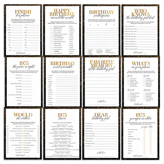 Black and Gold 52nd Birthday Party Games Bundle For Women Born in 1973 by LittleSizzle