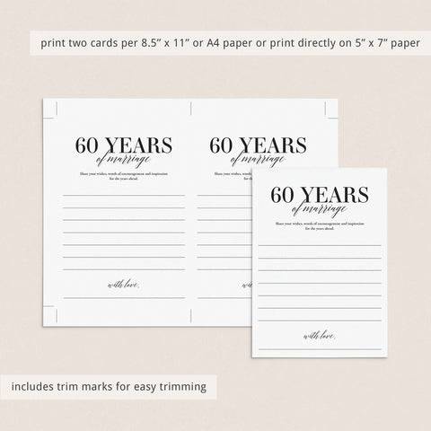 60th Wedding Anniversary Wishes &amp; Advice Card Printable | Diamond ...