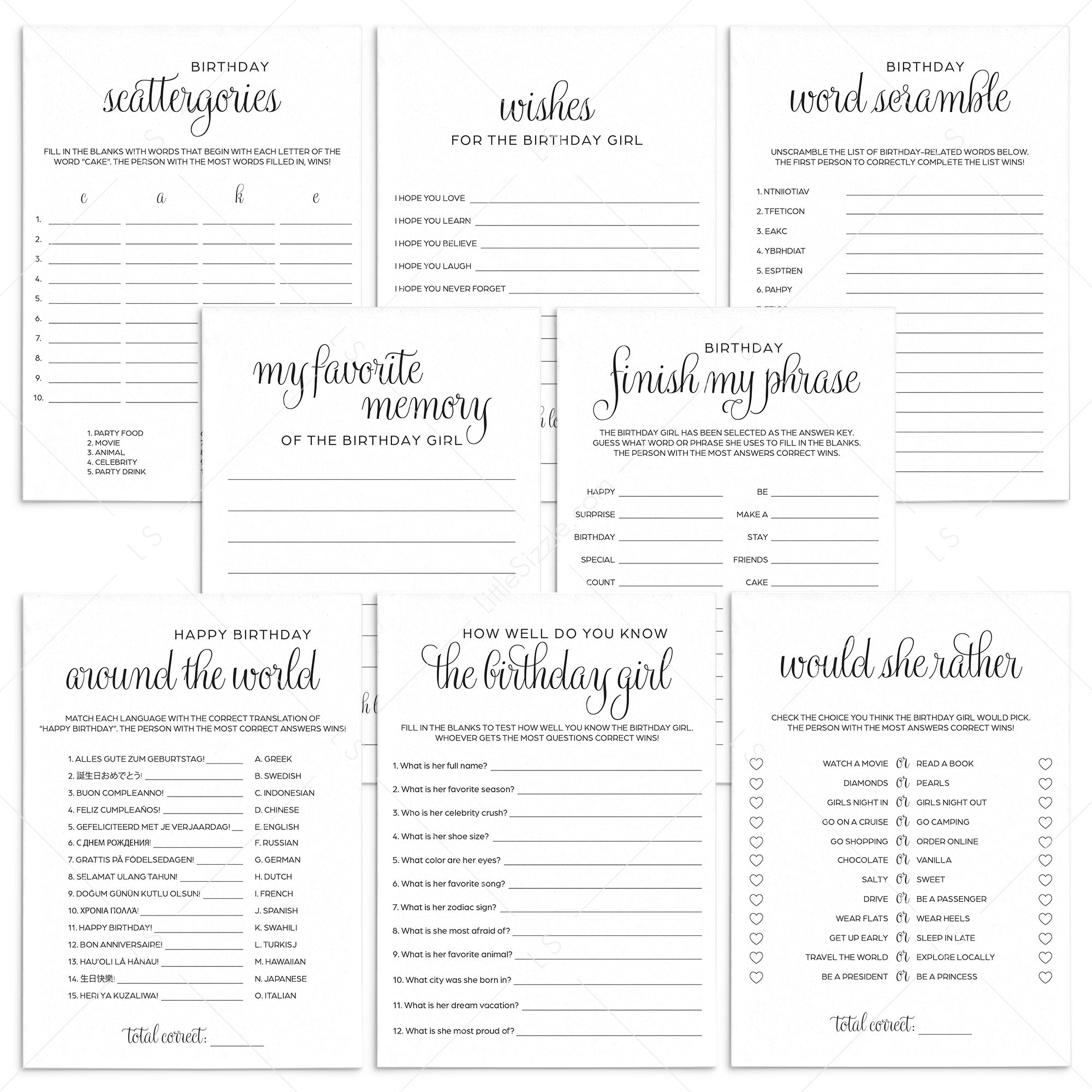 Simple Minimalist Birthday Games Bundle For Women Printable by LittleSizzle