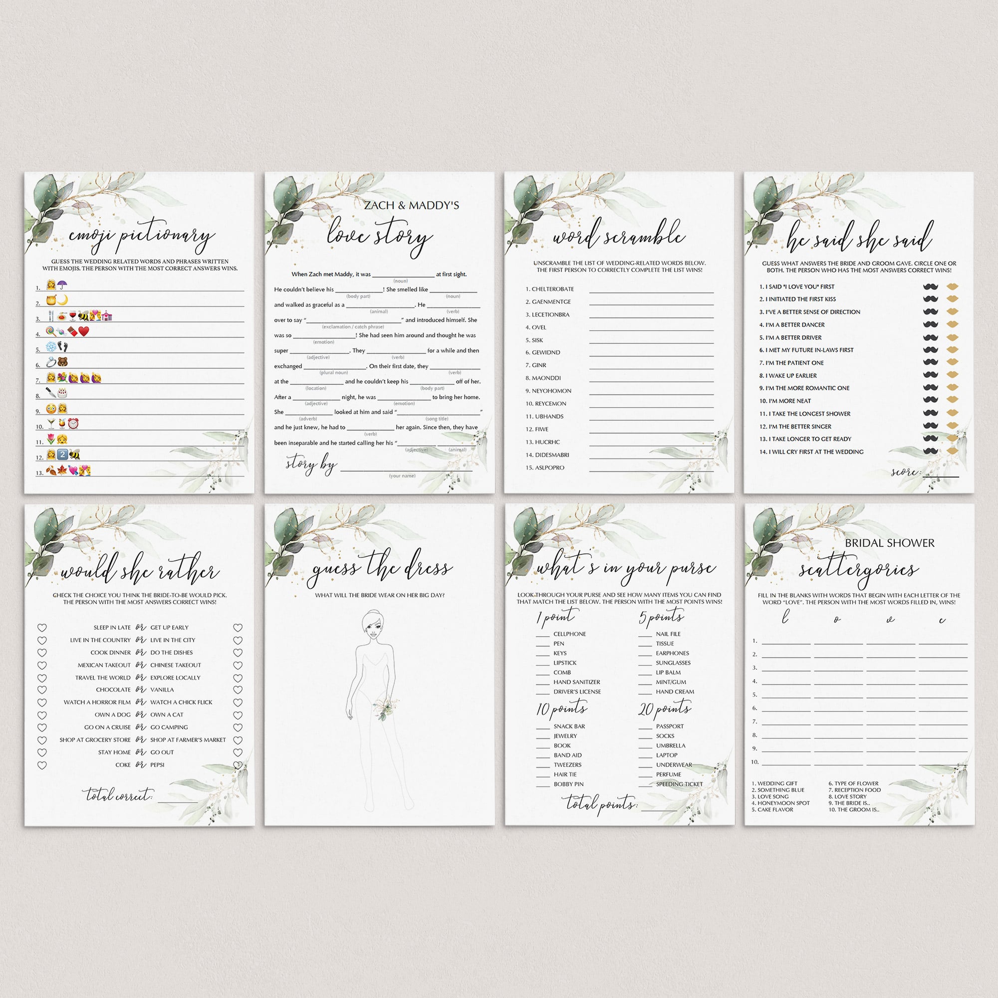 Chic Bridal Shower Games Bundle of 8 Printable by LittleSizzle