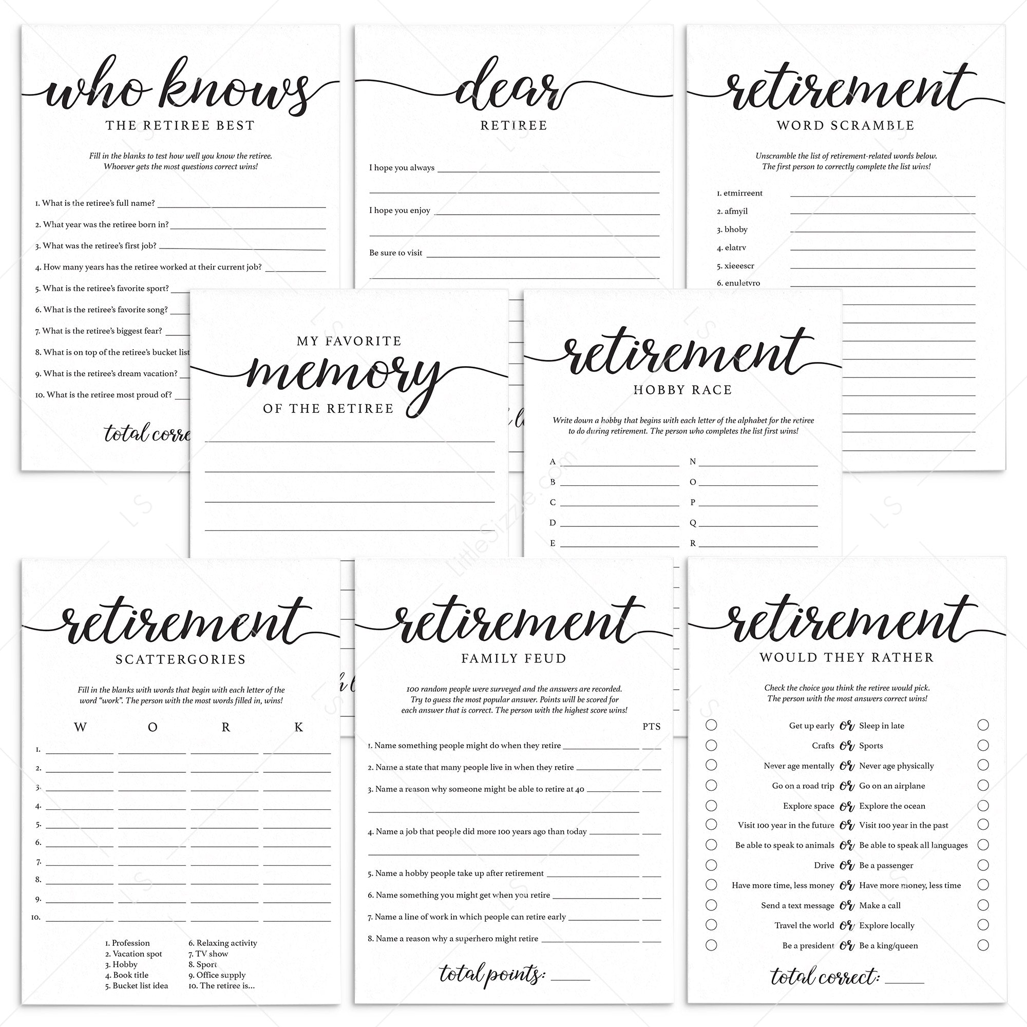 Calligraphy Retirement Games Bundle Printable by LittleSizzle