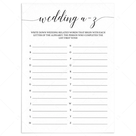 Wedding A to Z Game Printable Black and White by LittleSizzle