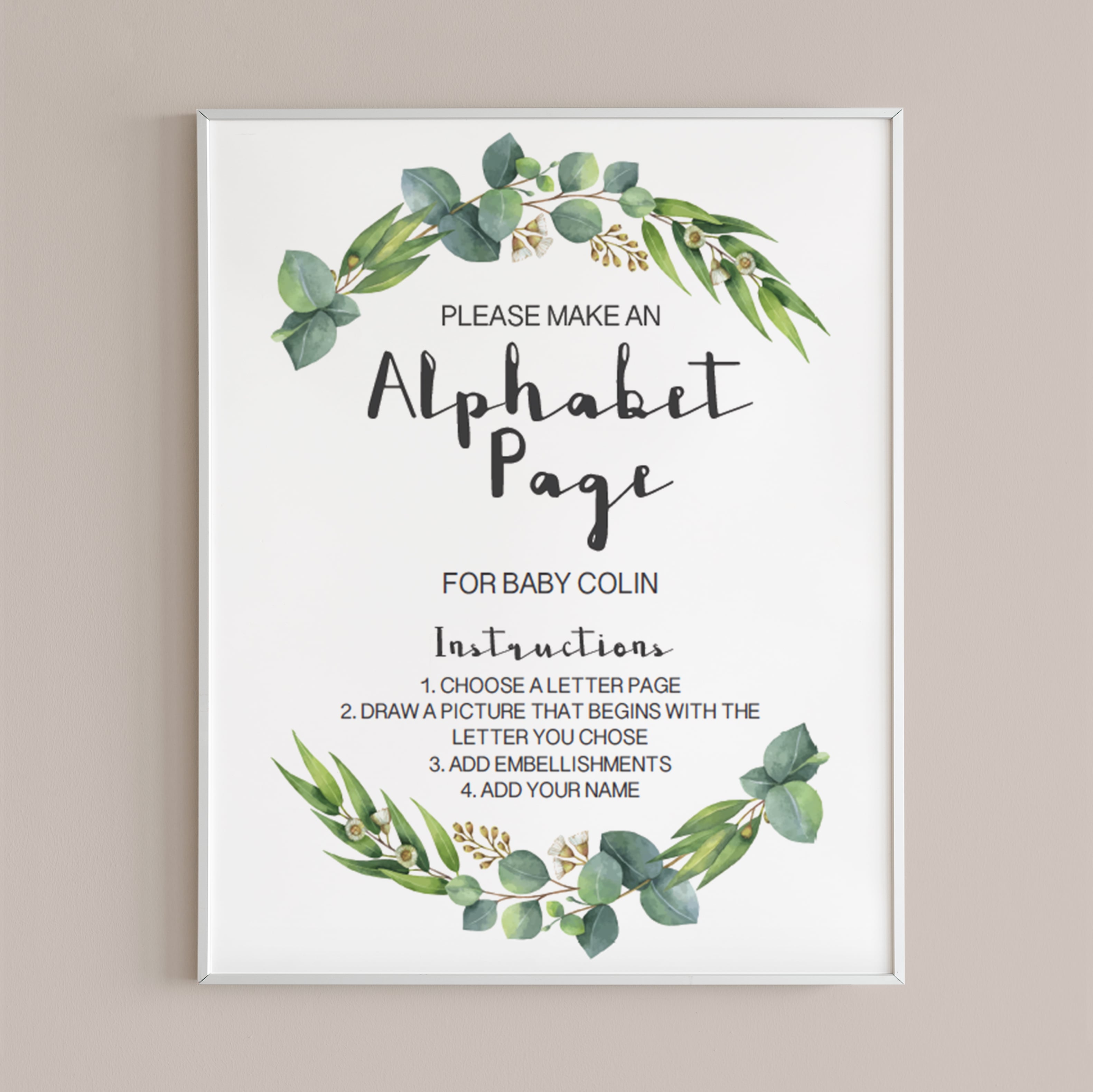 ABC page for baby shower game greenery themed table sign decor by LittleSizzle