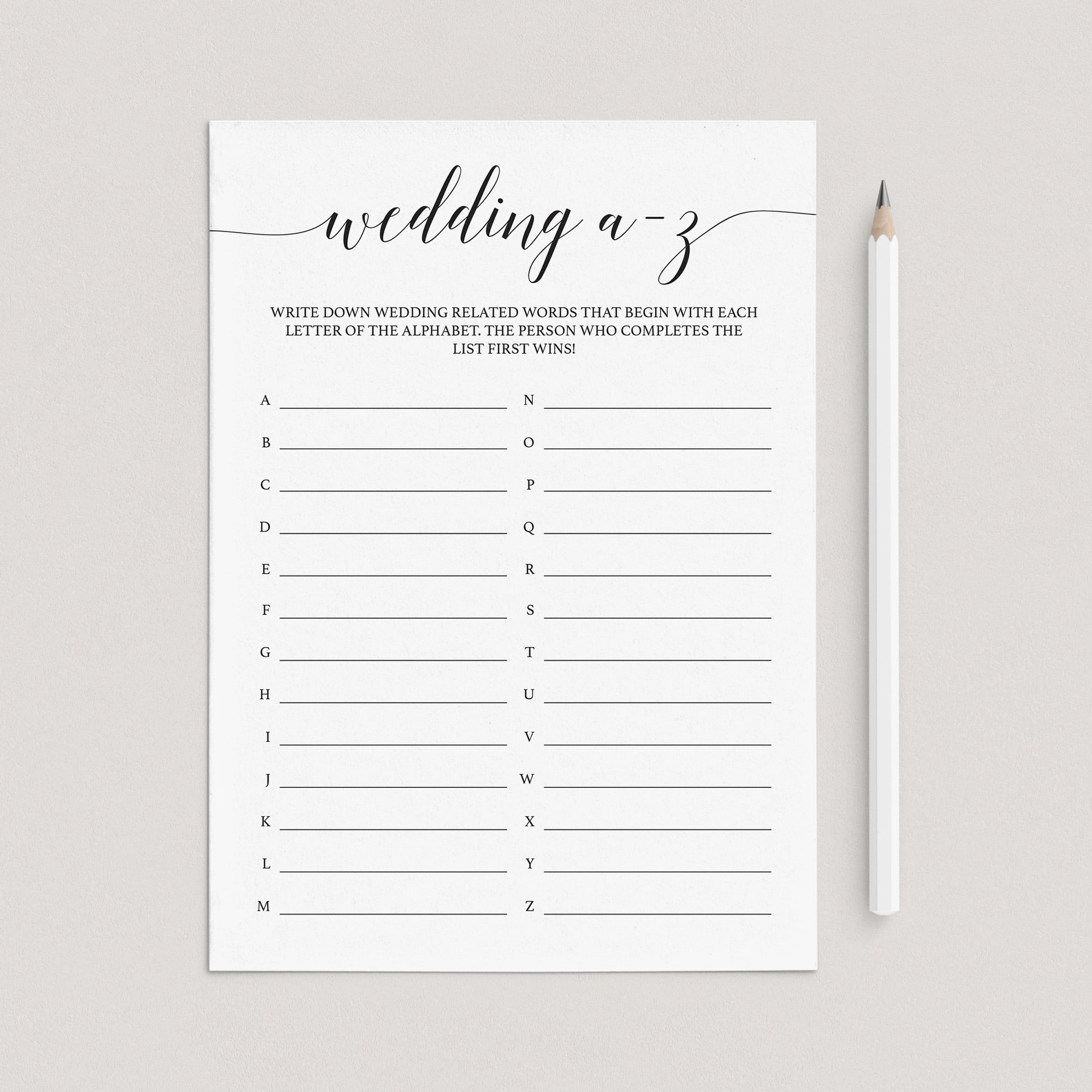 Wedding A to Z Game Printable Black and White by LittleSizzle