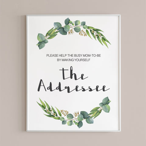 Printable baby shower Addressee Card Sign greenery | Instant download ...