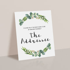 Printable Baby Shower Addressee Card Sign Greenery