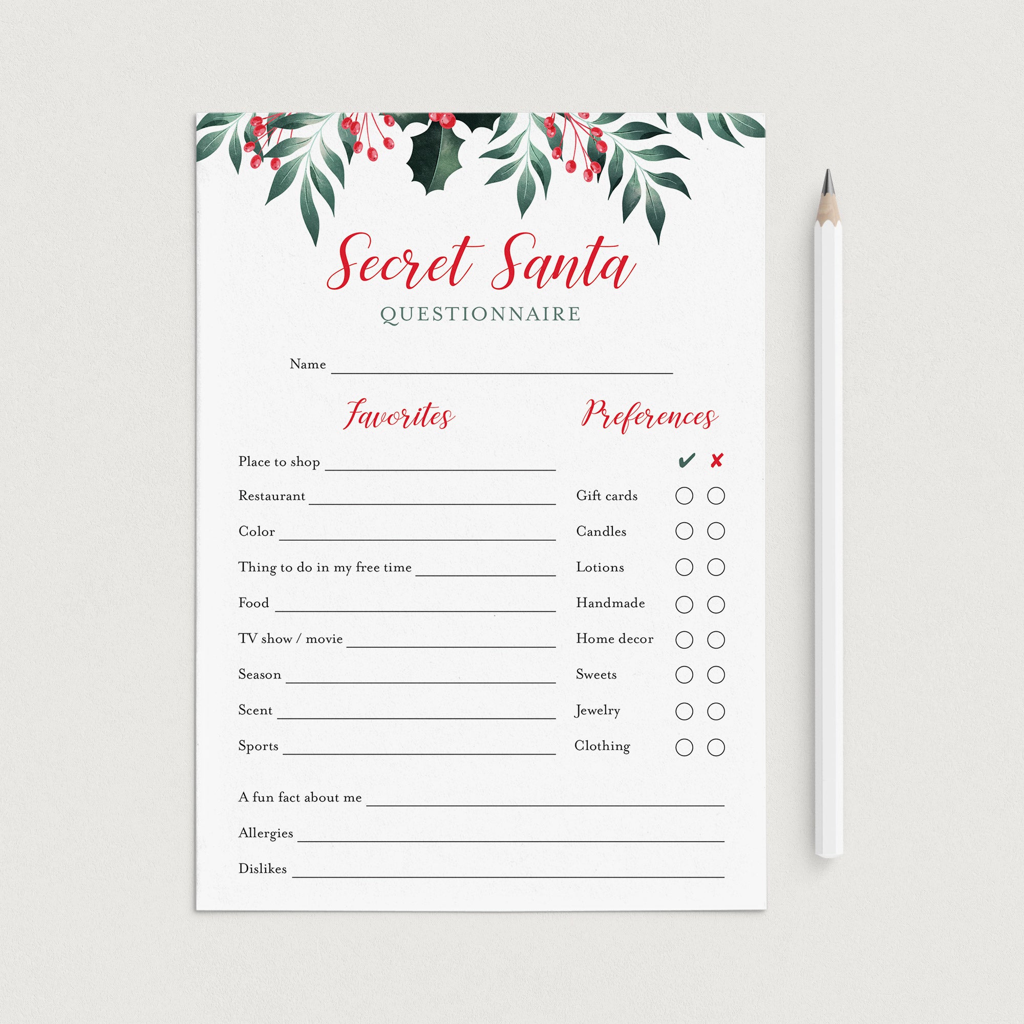 Printable Holiday Gift Exchange Secret Santa Questions by LittleSizzle