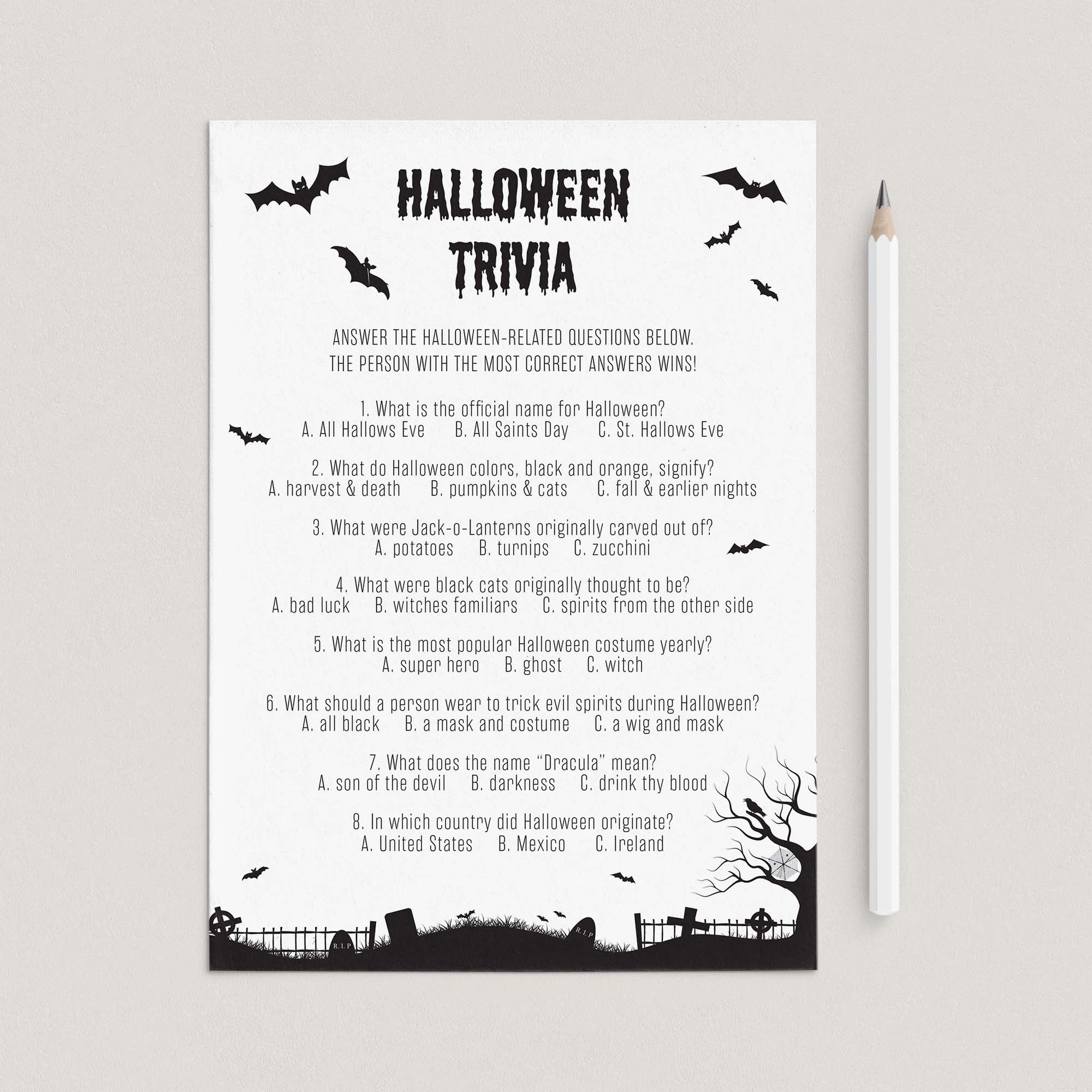 Halloween Trivia with Answers Printable | Black & White Graveyard – LittleSizzle halloween-trivia-with-answers-printable-black-white-graveyard-littlesizzle