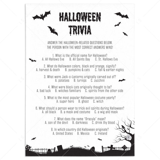 Halloween Trivia with Answers Printable Black & White by LittleSizzle