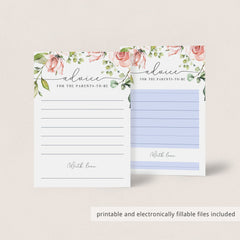 Floral Baby Shower Advice Cards Printable and Fillable Template