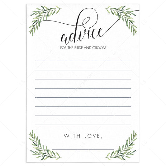 Greenery Wedding Advice Cards Instant Download by LittleSizzle