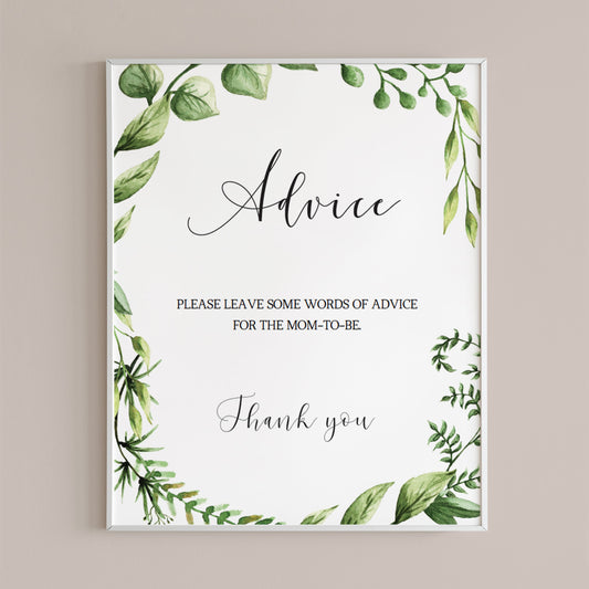 Watercolor green baby shower advice table sign printable by LittleSizzle
