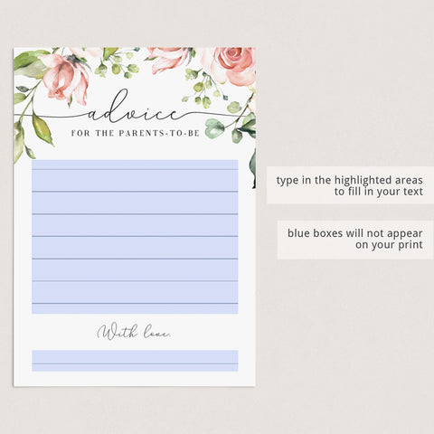 Floral Baby Shower Advice Card | Printable & Fillable Template for Zoom ...